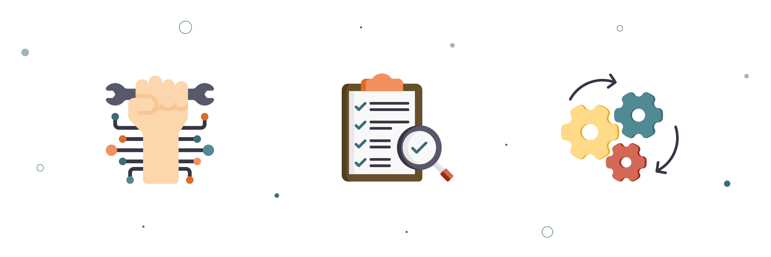 Illustraties van een vuist met moersleutel, checklist met vergrootglas en samenwerkende tandwielen, symbool voor tooling, controle en continu verbeteren van datakwaliteit.